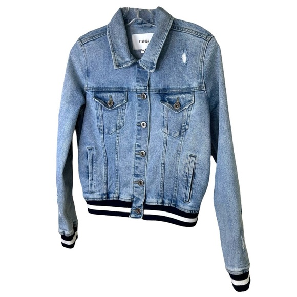 Pistola - Women’s ‘Brando’ Distressed, Bomber Denim Jacket, Trim - Blue, Medium - Picture 7 of 16